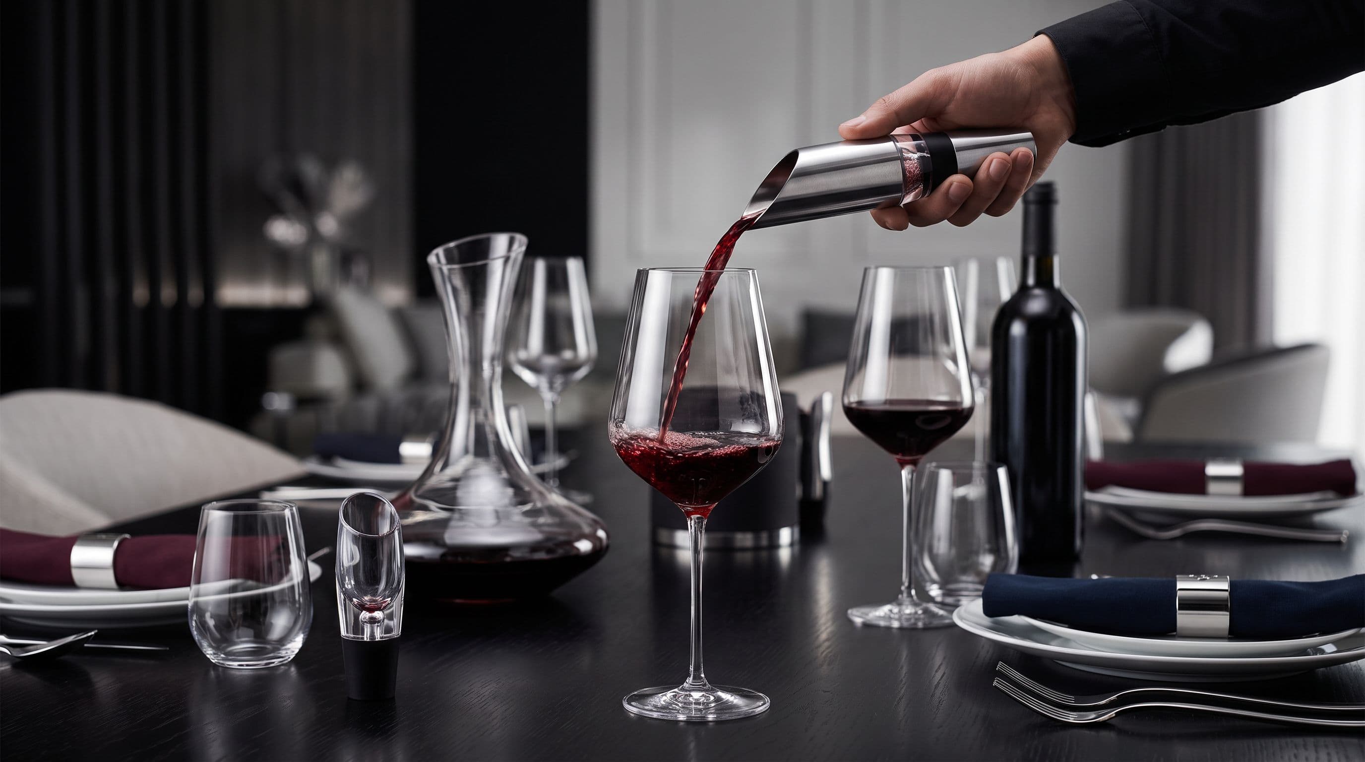 Aérateur de vin en usage sur une table dressée